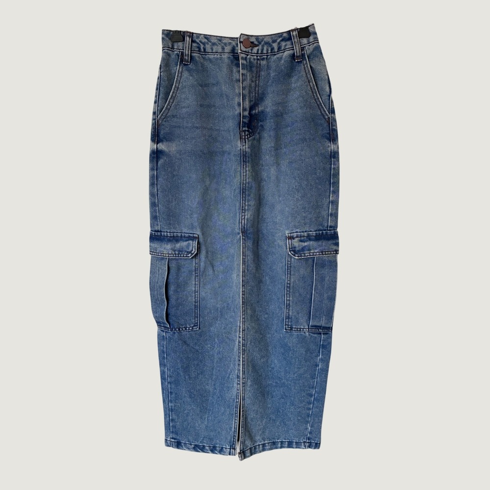 Love Fire Blue Denim Cargo Maxi Skirt High Waisted Streetwear Acid Wash Size 0